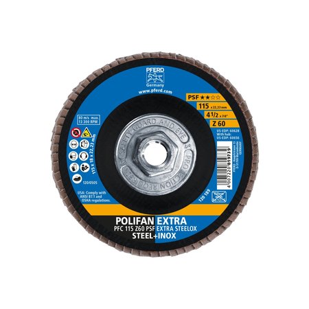 Pferd 4-1/2" x 5/8-11 Thd. POLIFAN® Flap Disc - Z PSF EXTRA STEELOX, Zirconia, 60 Grit, Conical 60656